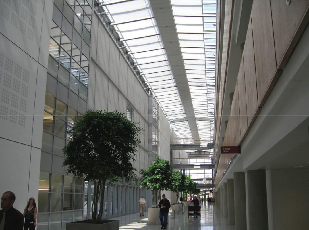 Main street atria blinds partially deployed