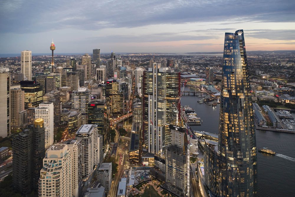 Sydney Barangaroo district skyline with crown tower on left