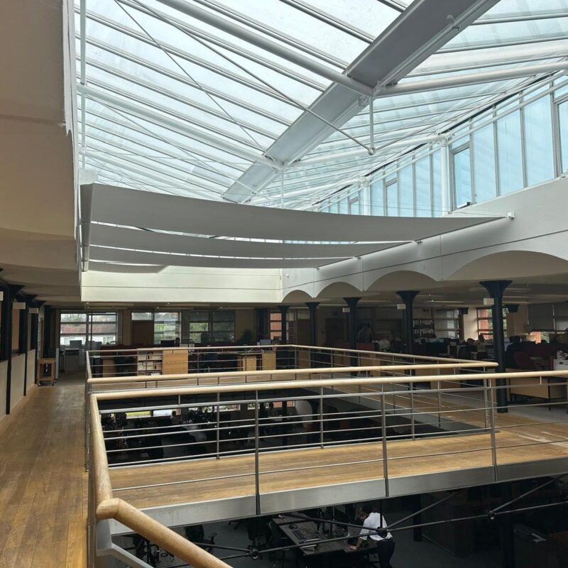 Mezzanine Workspace, transforming functional workspace, commercial office. Converting an open mezzanine into a productive workspace for an additional 50 desks, shading solutions, Manchester Installation, Delivery Partner Charltons Curtains And Blinds Limited