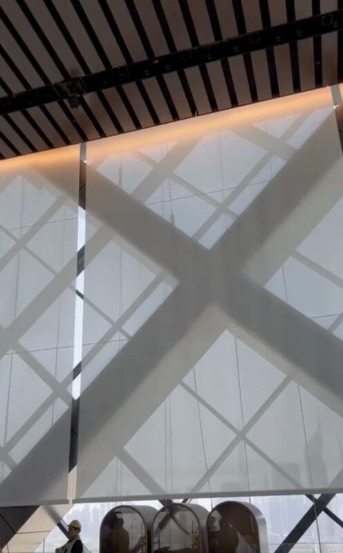 One Za'abeel. Dubai. UAE, The Link, Criss Cross bespoke blinds, precision engineering, installation by delivery partner Hunter Douglas Middle East, UAE