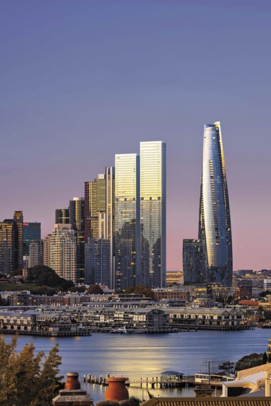 One Sydney Harbour Towers in sunset, Australia, Renzo Piano Workshop Architects, Bespoke Shading Solution, Guthrie Douglas Group Limited.